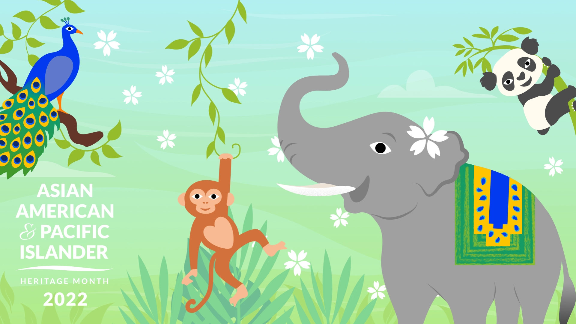 An illustration of the animals in the jungle - peacock, monkey, elephant, panda.